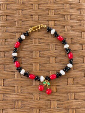 Cherry Charm Bracelet, Red Black & White Beaded Bracelet, Cherry Jewelry, Gold P